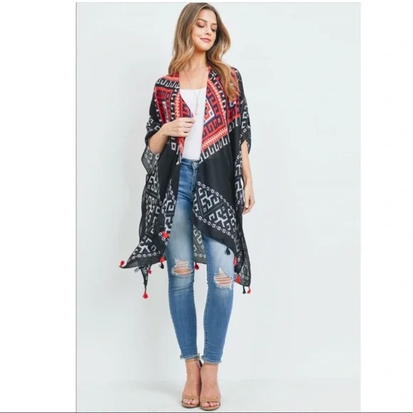 SALE! ๐ One Size Boho Summer Kimono Black & Red Pattern with Tassels โฎ๏ธ - Picture 2 of 6